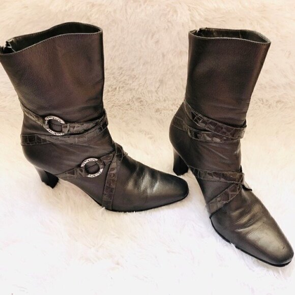 Brighton Heeled Boots 7.5 Risque Leather Mid-Calf Alligator Pewter Silver - Picture 1 of 11